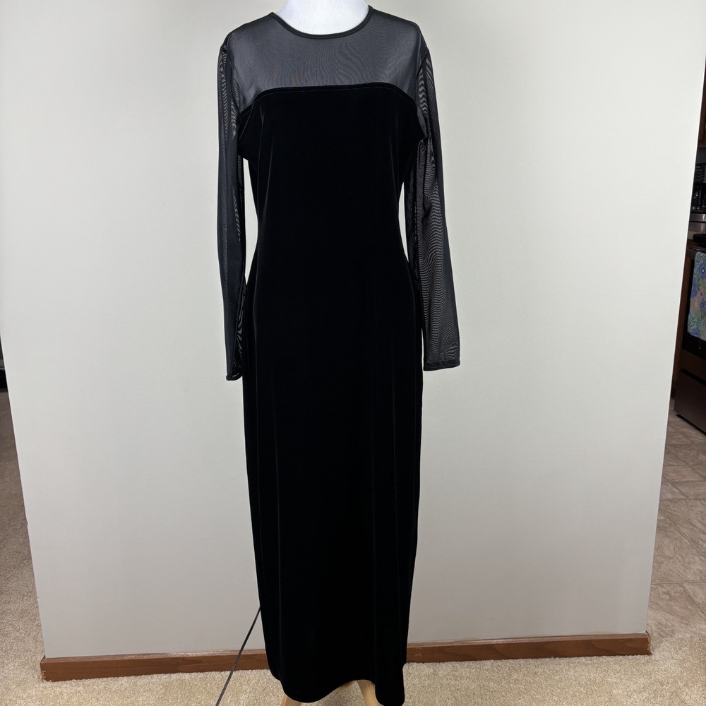 Karen Kane Maxi Dress Medium Black Velvet Sheer Sleeve Holiday Whimsigoth Witchy